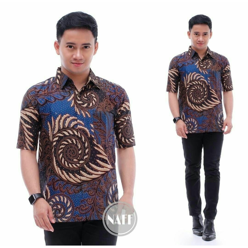 SIZE M L XL XXL XXXL BSWART Batik HRB026 Kenongo Hem Pendek Padi Pekalongan M L XL Batik Pria MURAH-HEM PUSER BIRU