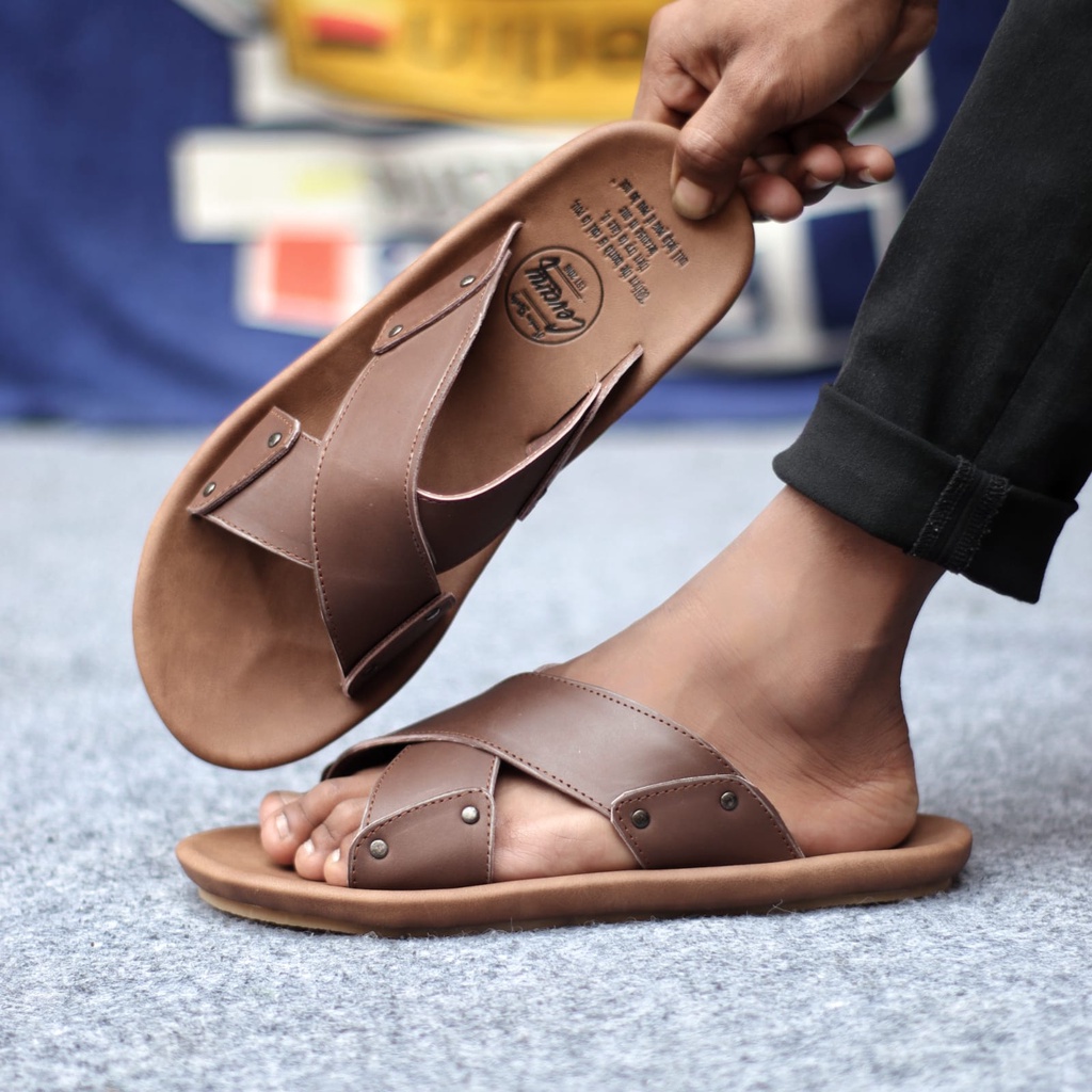 MOLK|Sandal Slop Pria Kulit Asli Original Distro Trendy Kekinian Traveling Cowok Hitam