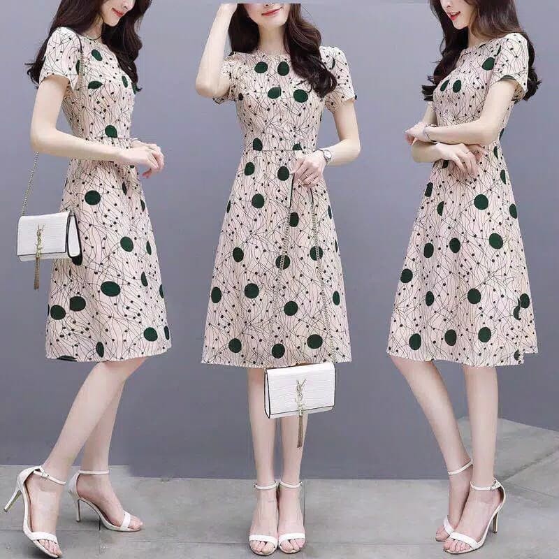 SCS Baju Wanita Midi Dress Import Wave Polkadot Korean Style Dress - L
