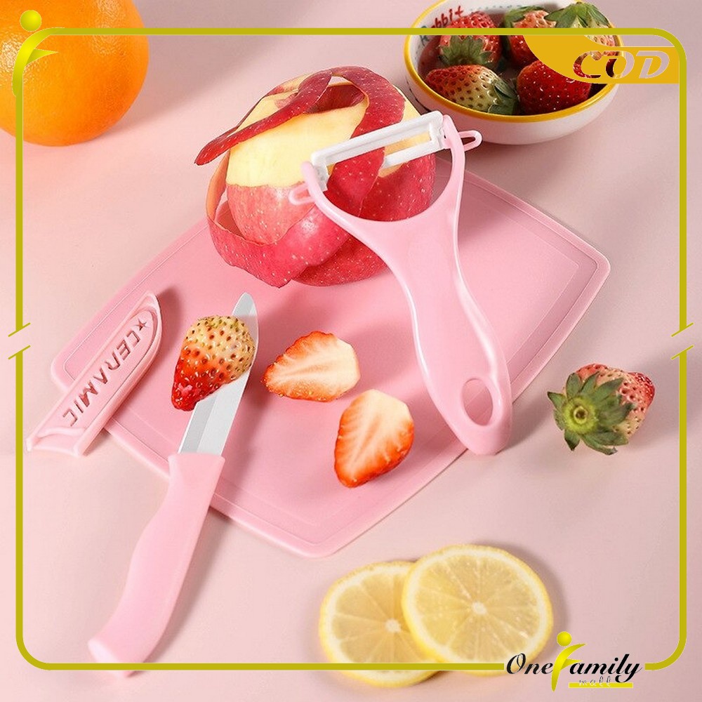 ONE-C442 Pisau Set Keramik 3 in 1 Serbaguna/ Talenan Pisau Pengupas Buah Dan Sayur Knife Peeler Fruit Chopping