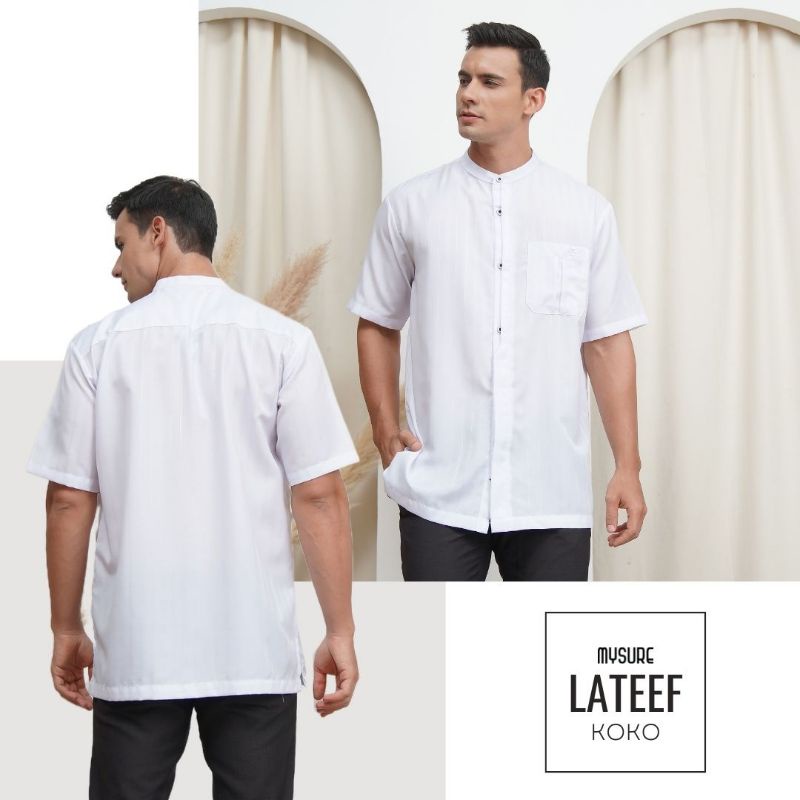 Pakaian Muslim Pria Baju Koko Lateef Mysure Dobby Strip Putih Lengan Pendek Remaja Dewasa Terbaru Te