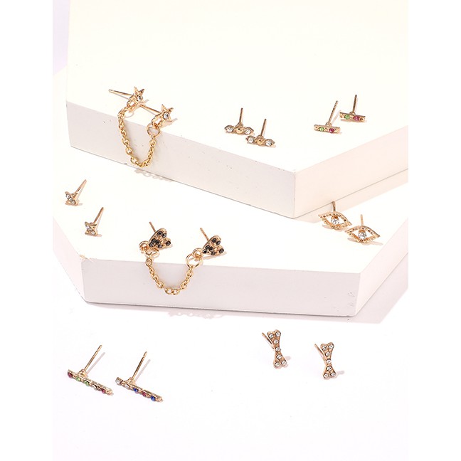 LRC Anting Set Fashion Gold Diamond-shaped Alloy Bone Heart-shaped Eye Studs 8 Pairs F78102