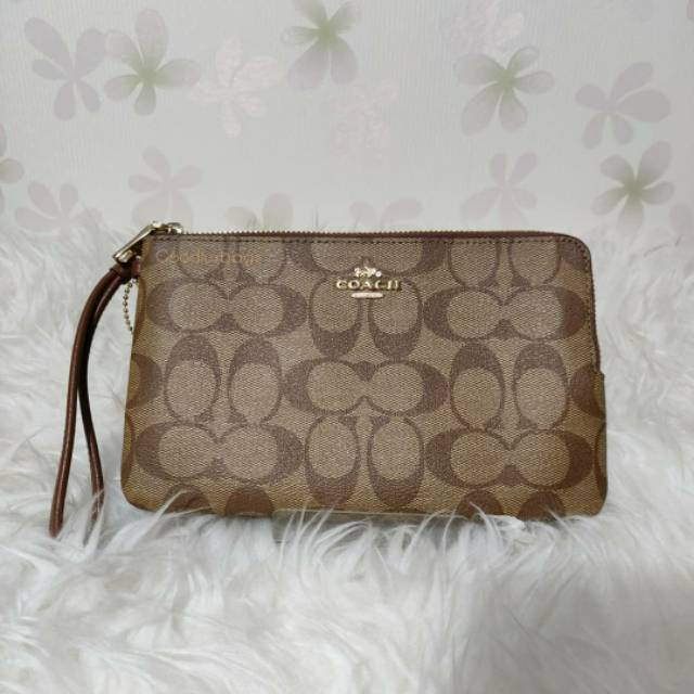 ORIGINAL Dompet Coach Large Double Zip Wristlet Signature Saddle