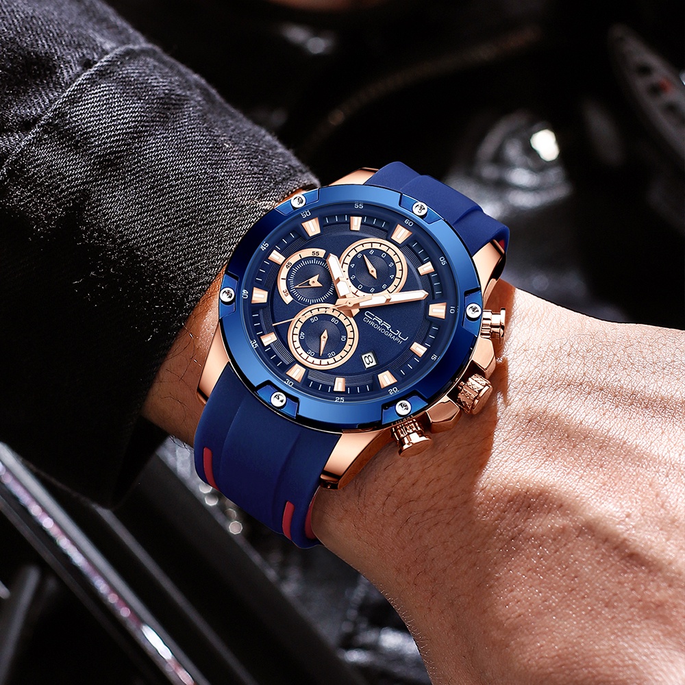 Jam Tangan Pria CRRJU Fashion Tahan Air Chronograph Dark Glow Jam Jam Tangan Karet