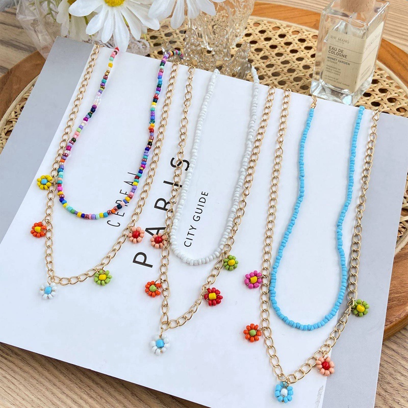 Fancyqube 2pcs / Set Kalung Rantai Manik-Manik Bunga Warna-Warni Handmade Gaya Bohemia Untuk Wanita