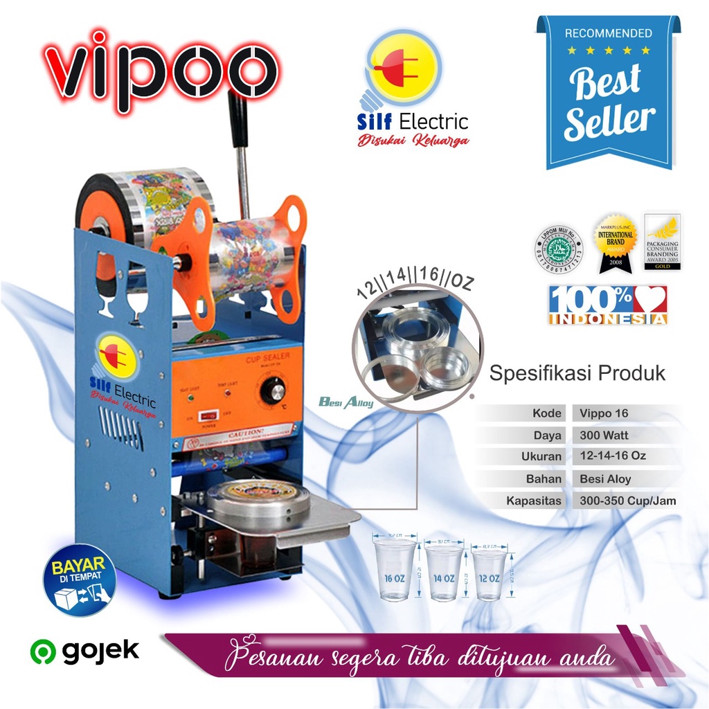 Mesin Cup Sealer VIPOO Press Gelas Plastik Sealing Machine 12-14-16 OZ