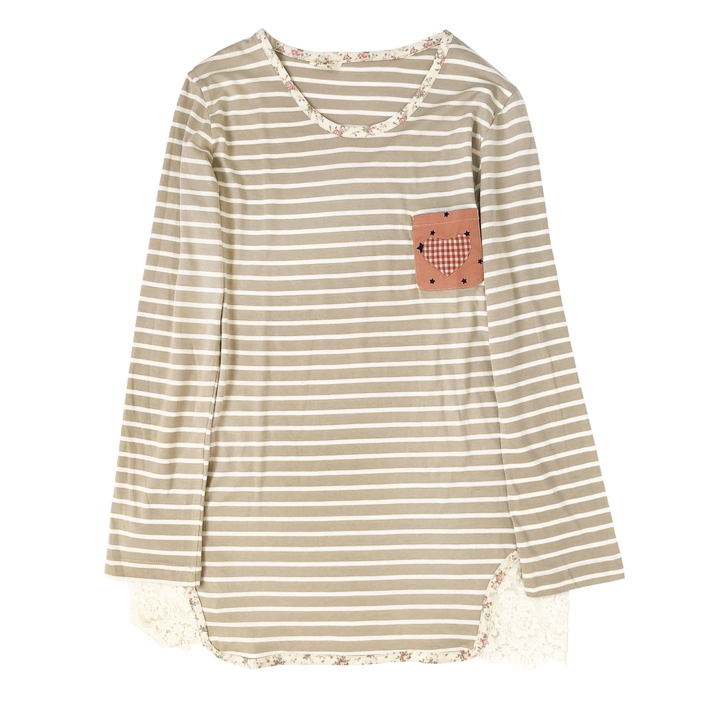 BLUS KAOS T SHIRT  WANITA GARIS SALUR KREM PUTIH RENDA LACE KOREA IMPORT