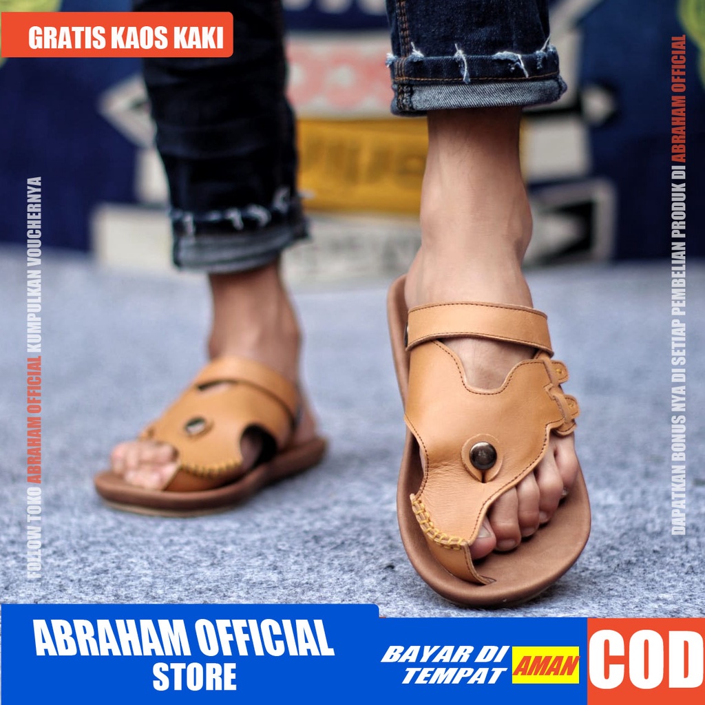 ABRHM LUCKY Sandal Slide Pria Sandal Selop Pria Kulit Asli Sandal Slop Cowok / Cowo Keren Kekinian