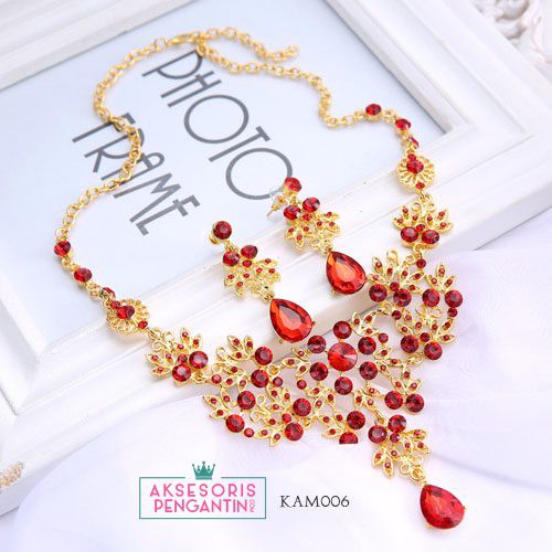 [PRODUK FAVORIT] SET ANTING KALUNG PESTA AKSESORIS PENGANTIN MERAH CRYSTAL KAM006