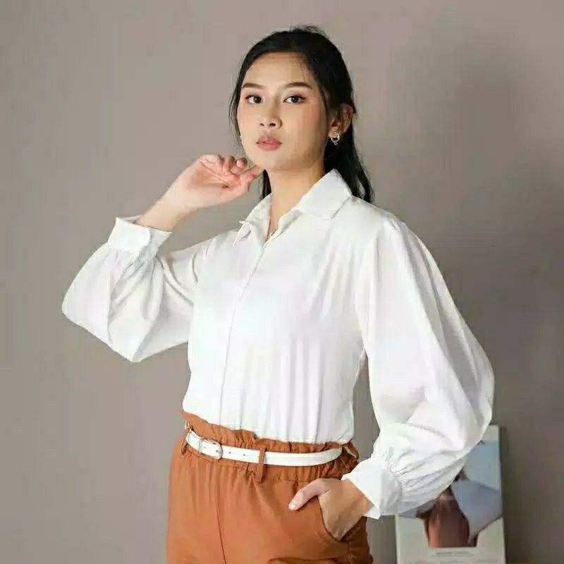 KEMEJA WANITA CASUAL POLOS BASIC AUDREY BASIC SHIRT KEMEJA LENGAN BALON POLOS, KEMEJA TANGAN BALON-Audrey putih