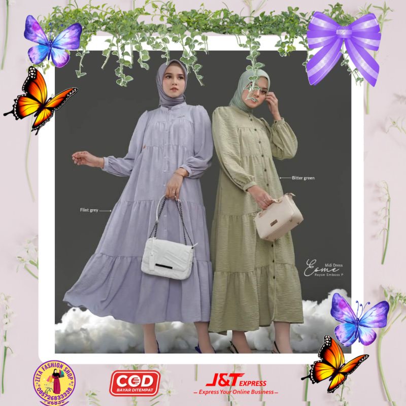 BAYAR COD ESME MIDI DRESS GAMIS RAYON EMBOS POLOS BY NADHEERA LUXURY ORI | ZETAHIJAB