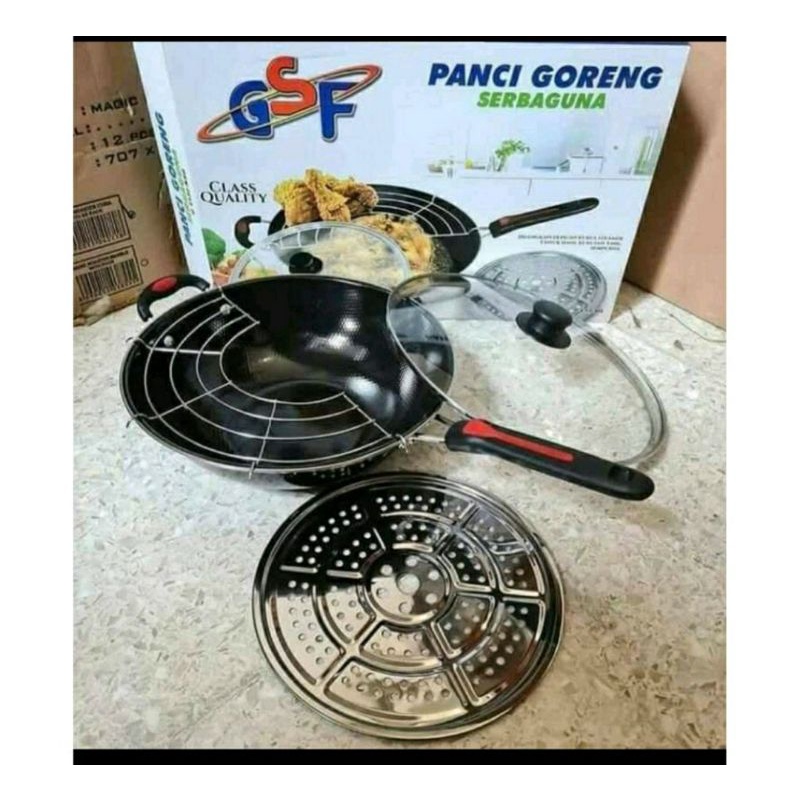 GSF Panci Set Serbaguna Wajan Kukusan Goreng Anti Lengket Enamel Tutup Kaca 32CM GSF