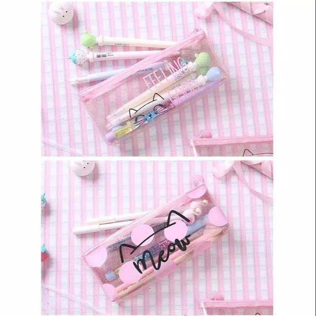 

Pencil case transparan pink cat/ kotak pensil