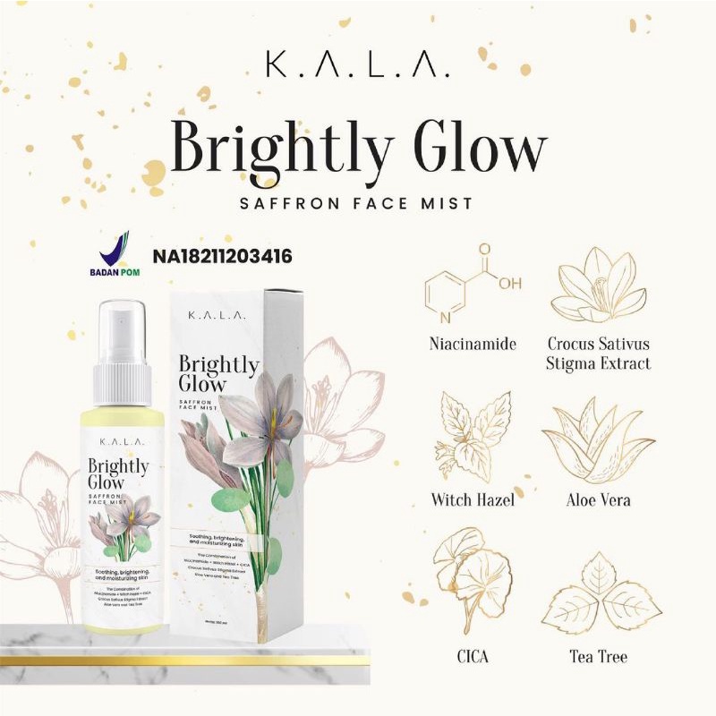 [DIST RESMI KAB BANDUNG] BRIGHTLY GLOW SAFFRON FACEMIST BY K.A.L.A WITH NIACINAMIDE + SAFFRON + AIR ZAM ZAM