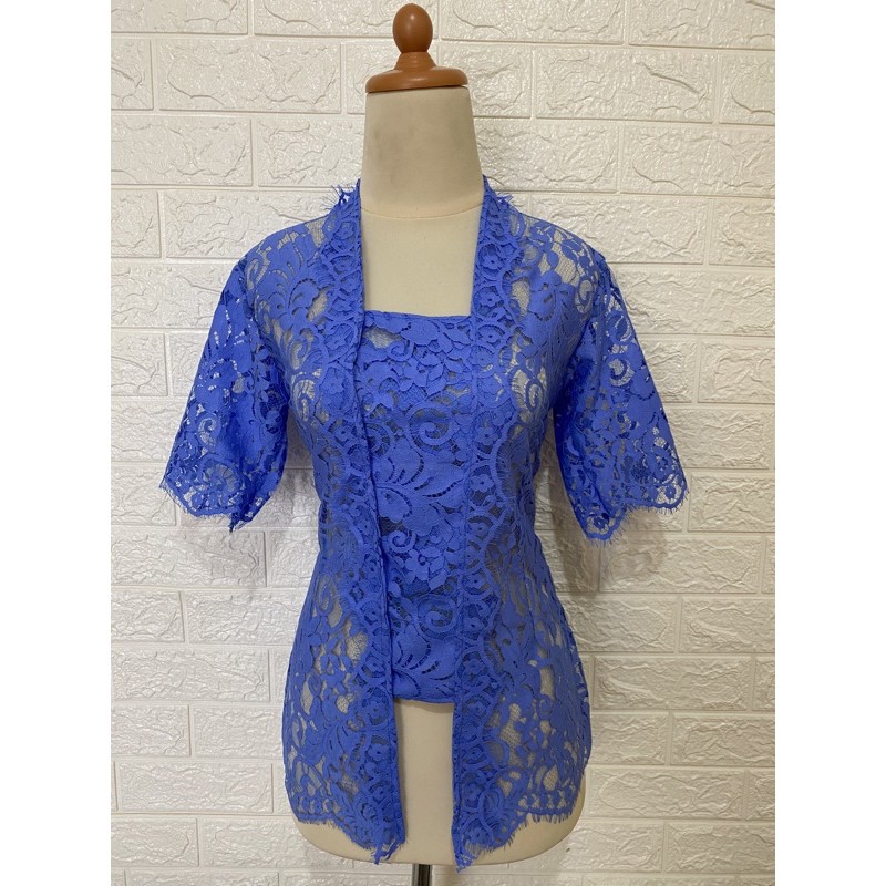 kebaya bali brokat semiperancis lengan pendek / kebaya / kebaya brokat / kebaya bali / kebaya brokat-Biru cement