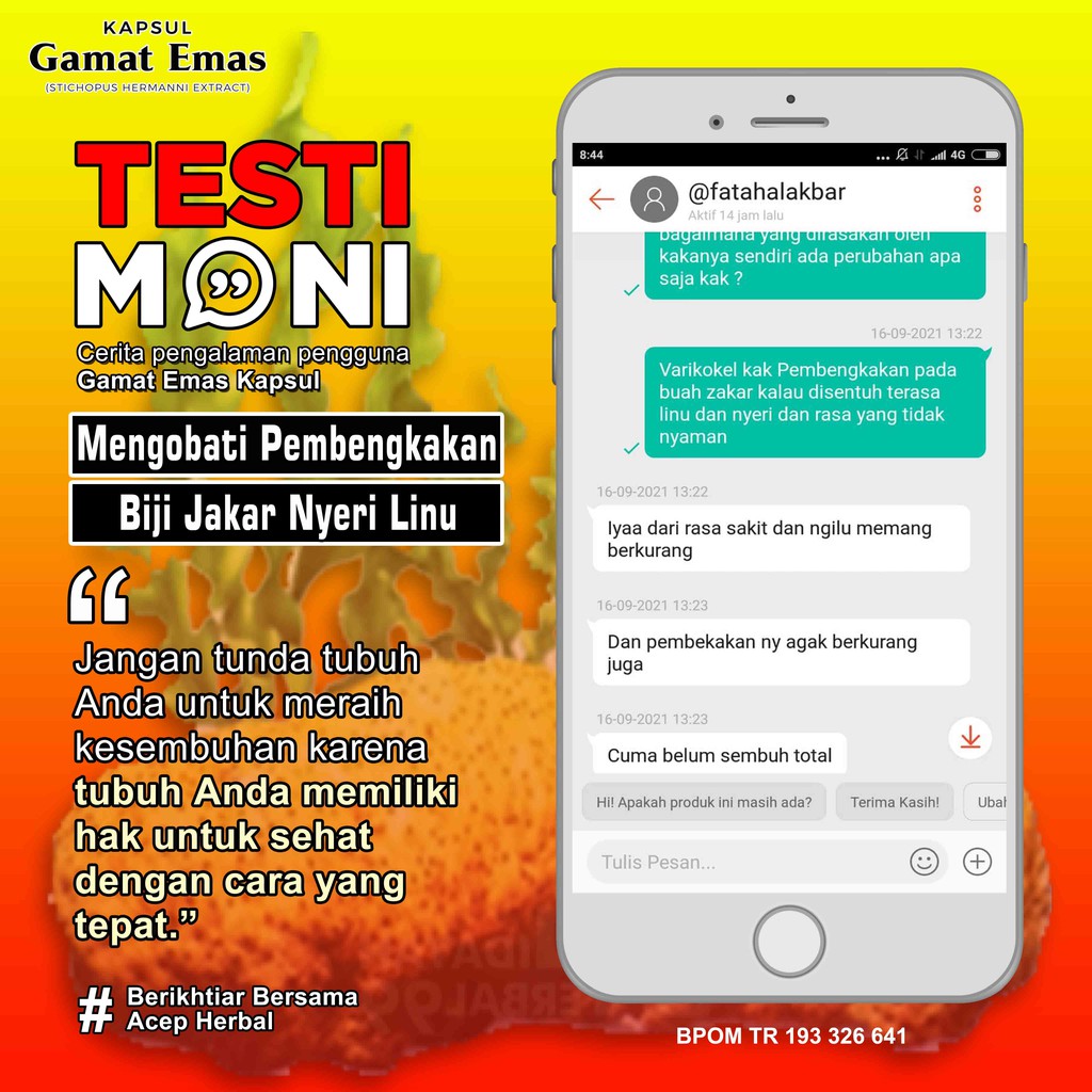 Obat Hernia Turun Bero Berok Burut Hidrokel Varikokel Nyeri Jakar Testis Bengkak Buah Zakar Besar Sebelah Gede Linu Kanker Prostat Epididmitis Air Mani Encer Pengental Sperma Penyubur Atasi Ejakulasi Dini Anti Loyo GAMAT EMAS KAPSUL ASLI PALING ORIGINAL-8