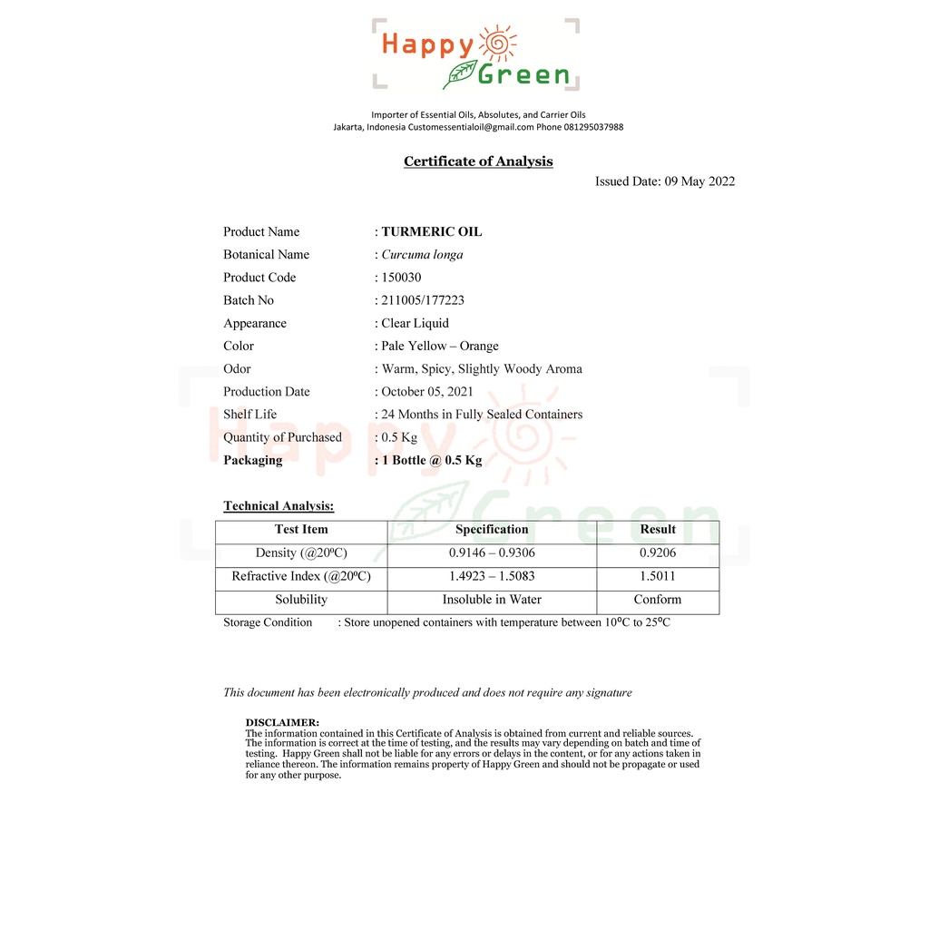 BPOM Happy Green Turmeric Essential Oil - Minyak Atsiri Kunyit Murni 100% Garansi Uang Kembali