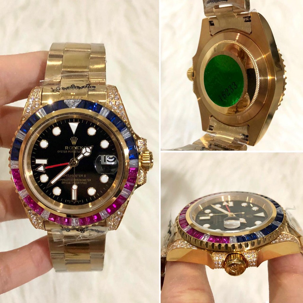 Obral Jam Rolex GMT Master II  Diamond Rainbow Silver Stainless Import Special Edition Garansi 1 th
