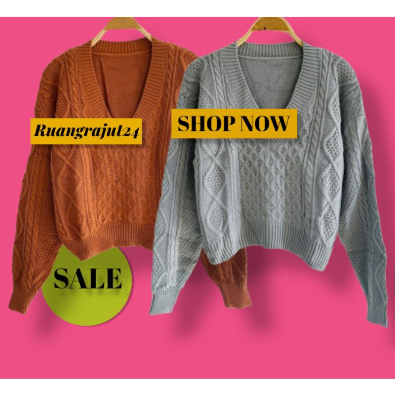 NADINE SWEATER RAJUT CROP TEBAL DENGAN KERAH V- NECK PREMIUM