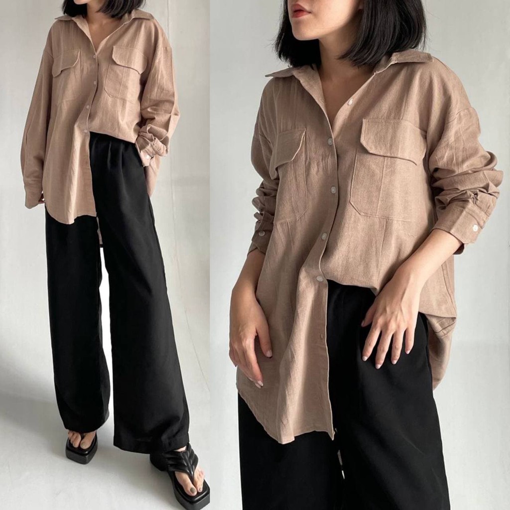 Kemeja Oversize Linen Pocket Outer Wanita - Lengan Panjang/Atasan Wanita Oversize/Kemeja Wanita korea Polos-4