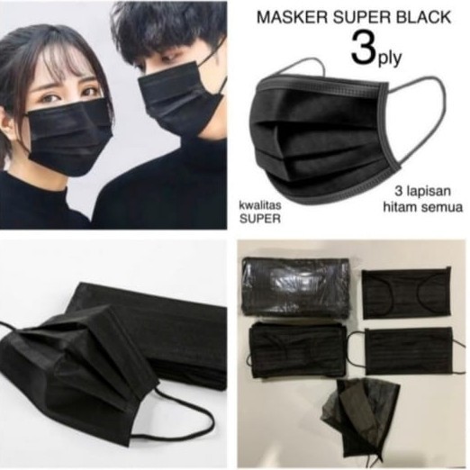 Masker Kain Hitam Kpop Korea 3 Ply Penutup Hidung Mulut Pelindung Debu Bakteri Virus