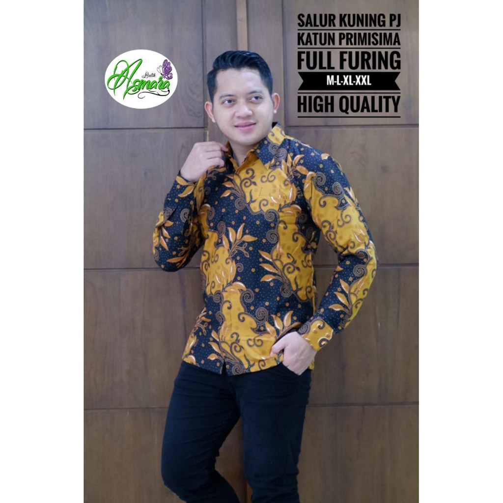 SALUR KUNING ASMARA BATIKSOLOAMANAH KEMEJA BAJU BATIK PRIA SOLO LENGAN PANJANG PENDEK LAPIS FURING ATASAN BATIK PREMIUM MODERN KATUN HALUS SRIKANDI MERAK AJI ARGO LAWU ANGGORO CATUR LASEM SETRO BASOPI SOGAN LURIK ELANG NAGA MERAH MERAK MERAH BISMA SETRO