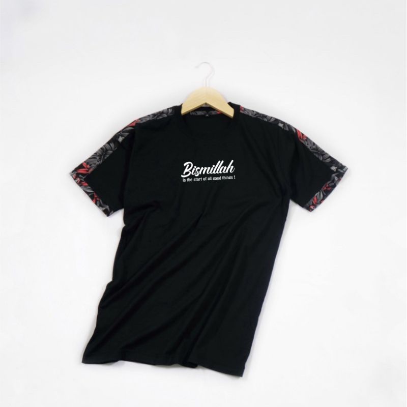 kaos baju muslim - kaos dakwah bismillah kombinasi strip black tapping tulip - kaos strip kombinasi 