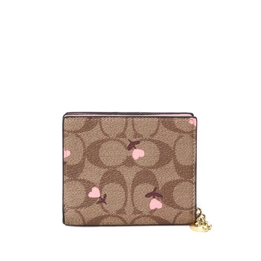 COACH Snap Case Mini Wallet In Coated In Canvas With Heart Print Khaki