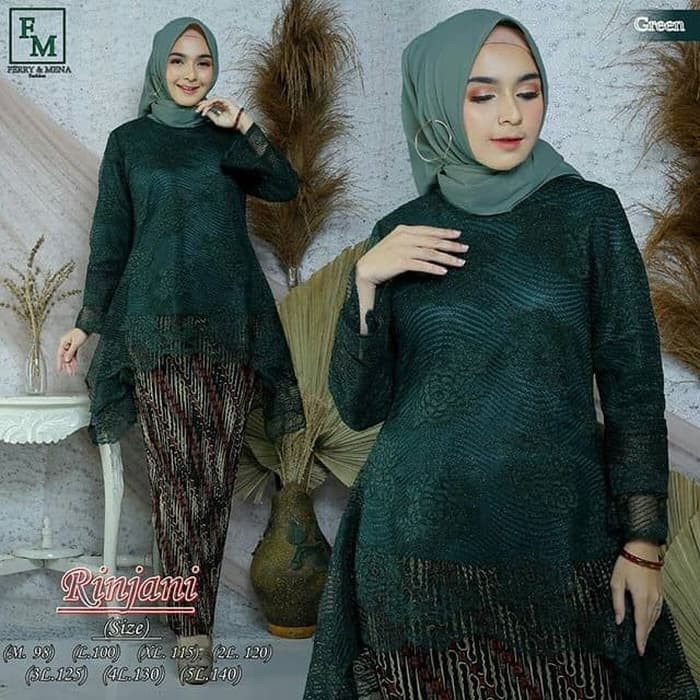 Setelan Kebaya Rinjani Brukat Jumbo M L XL XXL XXXL_Hijau Botol