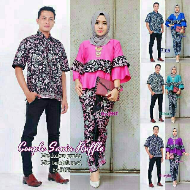 Sarimbit Batik Anggun Couple Sania Mawar ruffle - Warna Ungu, Tosca, pink, Biru, Kuning - M L XL
