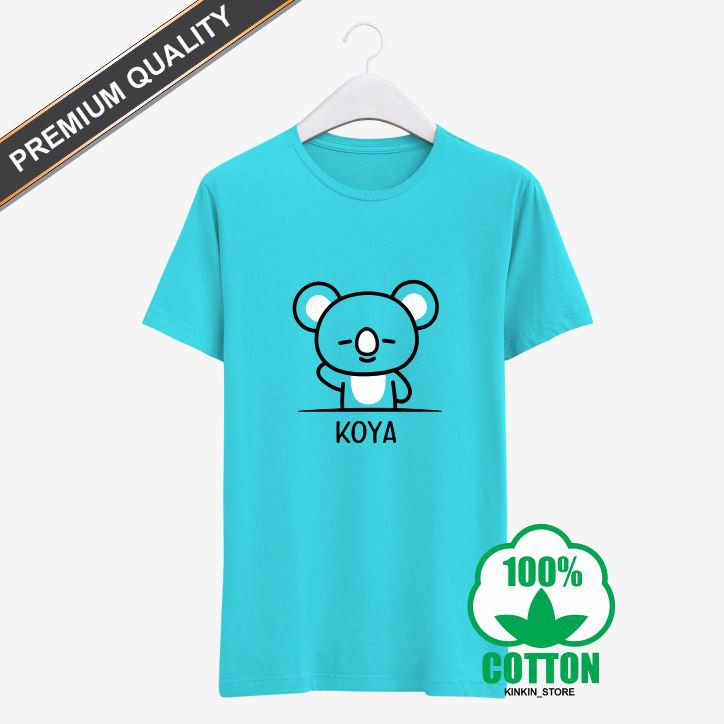 Kaos BT21 KOYA warna biru turkis muda 100% katun