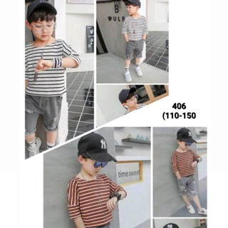  Baju  anak  import Set boy celan jeans sobek  n kaos bergaris 