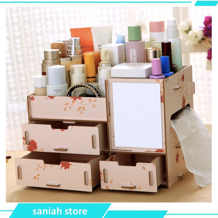 Rak Kosmetik 25,5cm ada ruang tisu Bahan Kayu dengan Cermin Laci Rak Parfum Bedak Sisir Make up