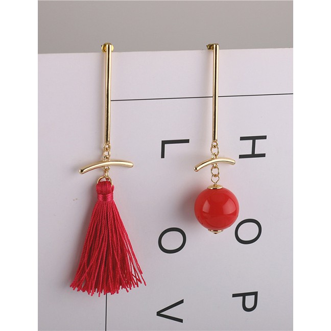 LRC Anting Tusuk Fashion Plum Red Asymmetrical Beaded Tassel Earrings D60516