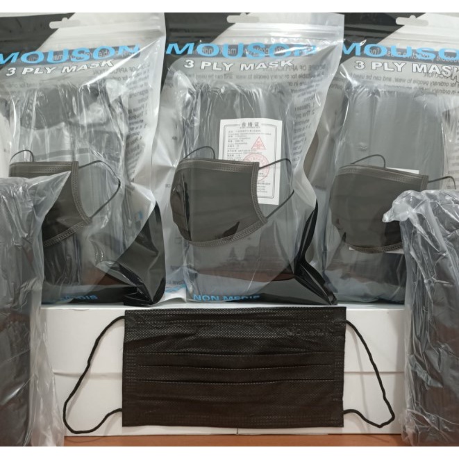 MASKER  3 PLY EARLOOP MOUSON HITAM PINK BIRU 1 BOX ISI 50 PCS MASKER EARLOOP SACHET HITAM KUALITAS S