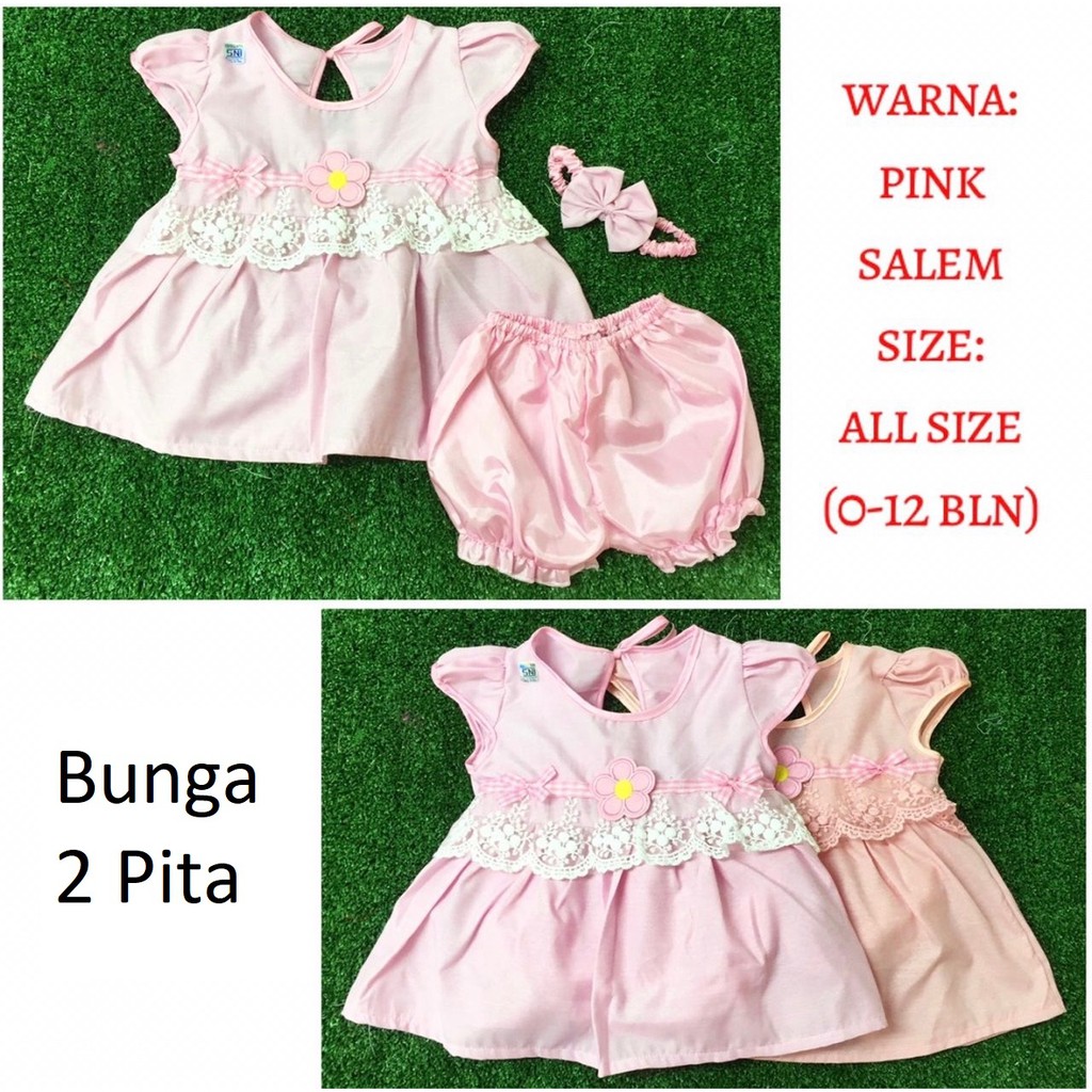 3in1 Set Dress SNI Baby Girl + Celana &amp; Bandana Newborn estimasi 0-12 Bulan AM