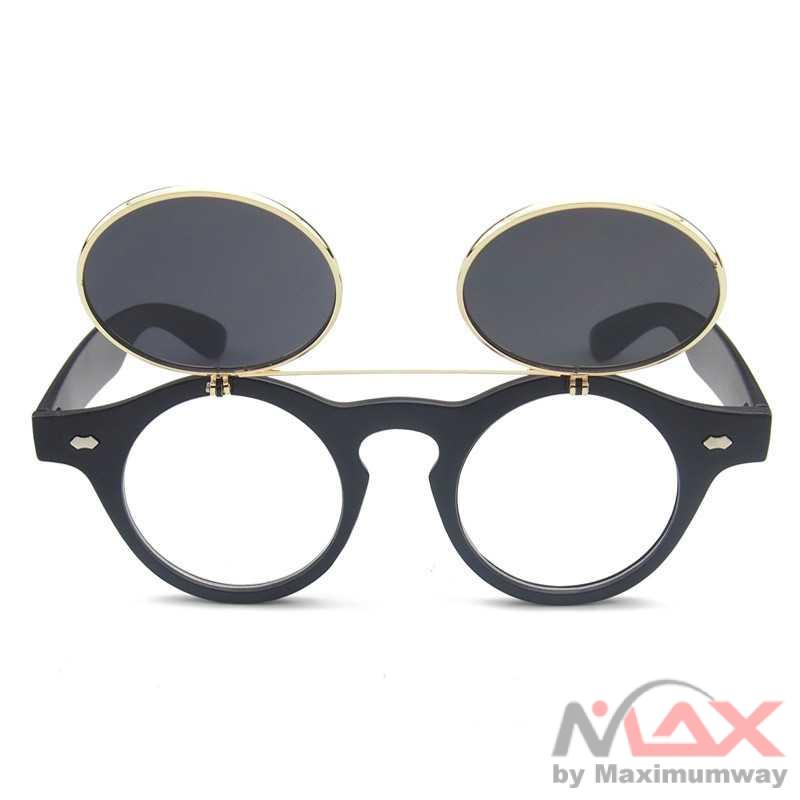 Kacamata hitam Bundar Vintage Double Frame Pria Wanita Kaca mata Steampunk Fashion Anti Radiasi UV Korea Jepang Fashion Style Vintage Steampunk Goggles Clip on Sunglasses Retro Flip Up Eyeglasses Gothic Eyewear UV400 Punk Glasses