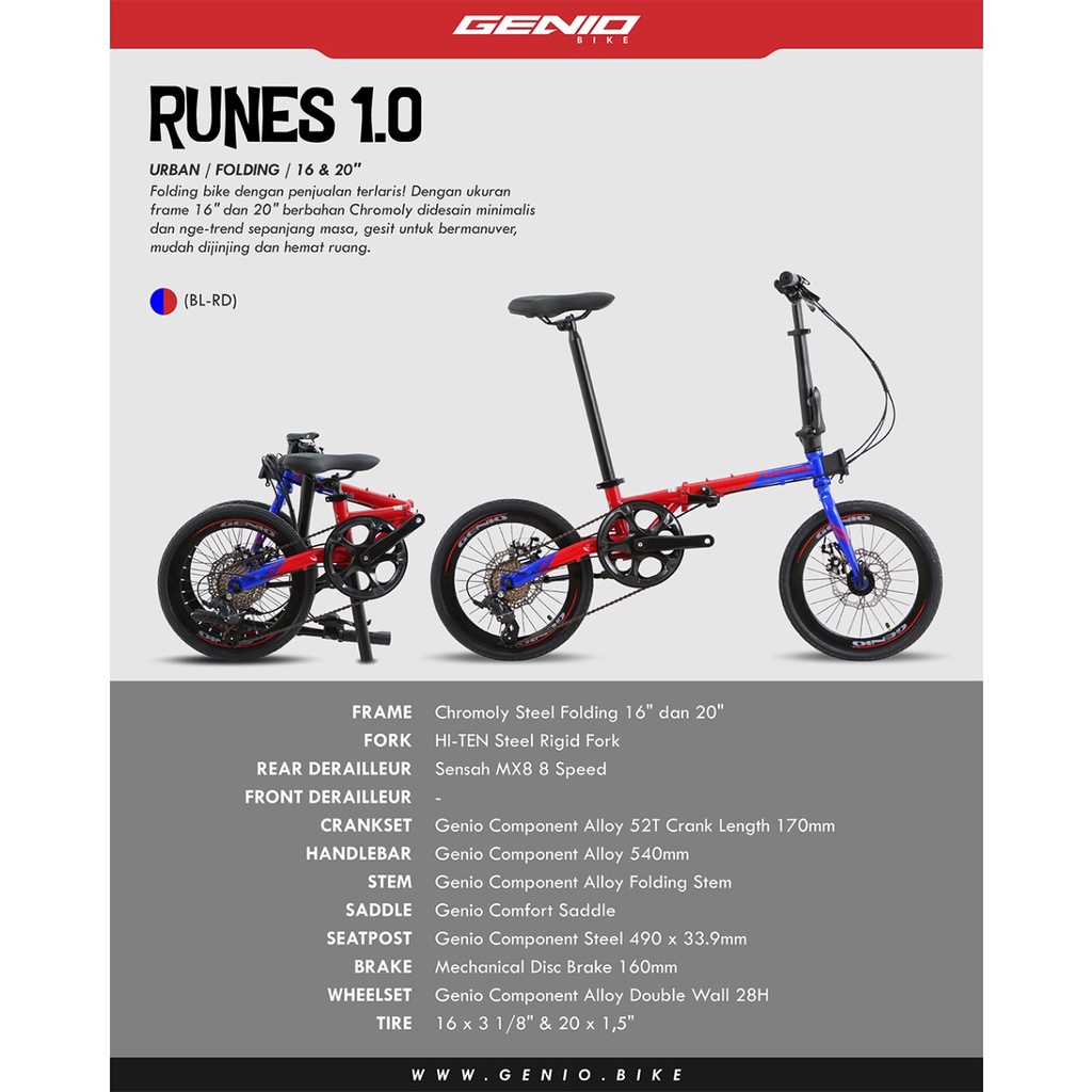 SEPEDA LIPAT 20" GENIO RUNES 1.0 FRAME CHIROMOLLY 8 SPEED