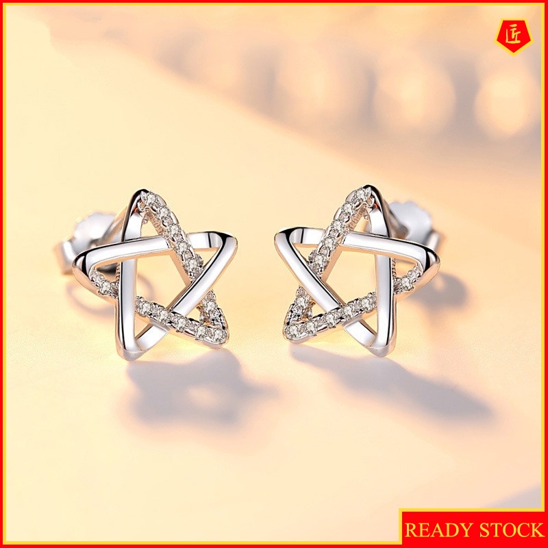 [Ready Stock]Simple 925 Silver Pentagram Diamond Stud Earrings