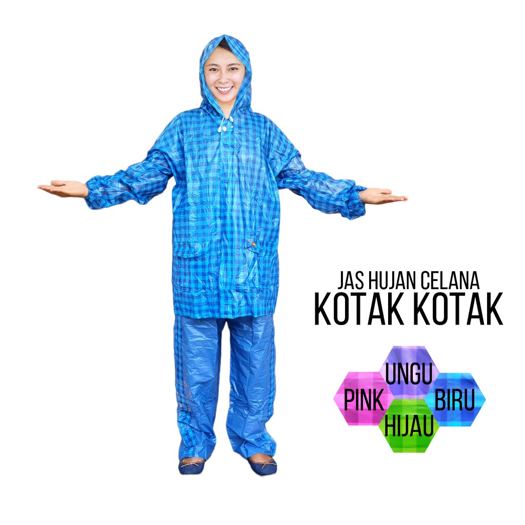 Jas Hujan Celana  Motif Kotak  Kotak  Elmondo Shopee  Indonesia