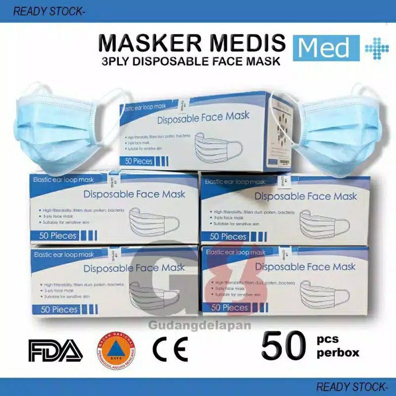 Masker Medis 3 Layer Mask Disposable 3 Ply Surgical Mask isi 50 Pcs Per Box