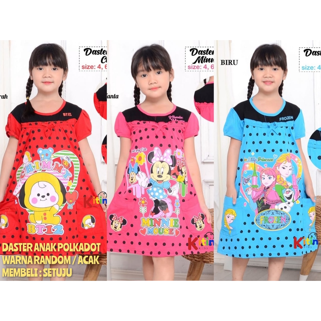 Daster Terusan Tunik Anak Polkadot Motif BTS/BT21/Frozen/Minnie Mouse Ukuran 2-7 tahun Bahan Kaos ad