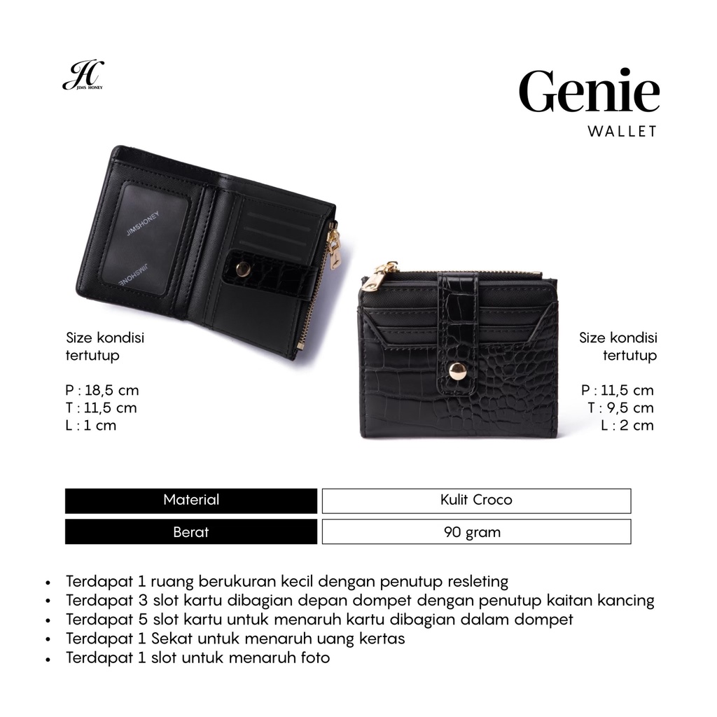 Jims Honey - GENIE WALLET - Dompet Kulit Wanita - Slot Kartu Koin Croco Lipat