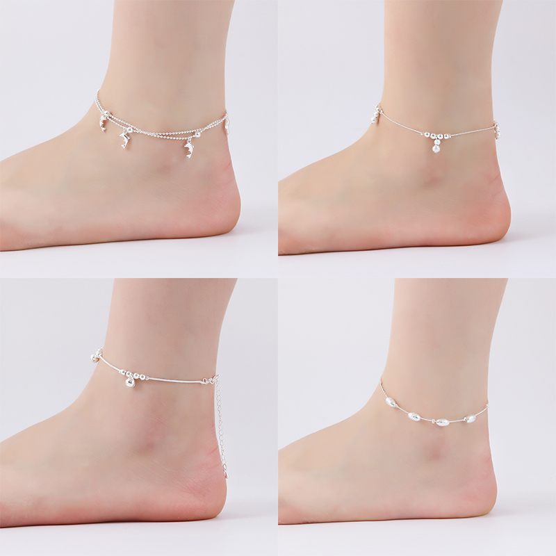 Gelang Kaki Rantai Manik-Manik Multilayer Warna Silver Untuk Wanita