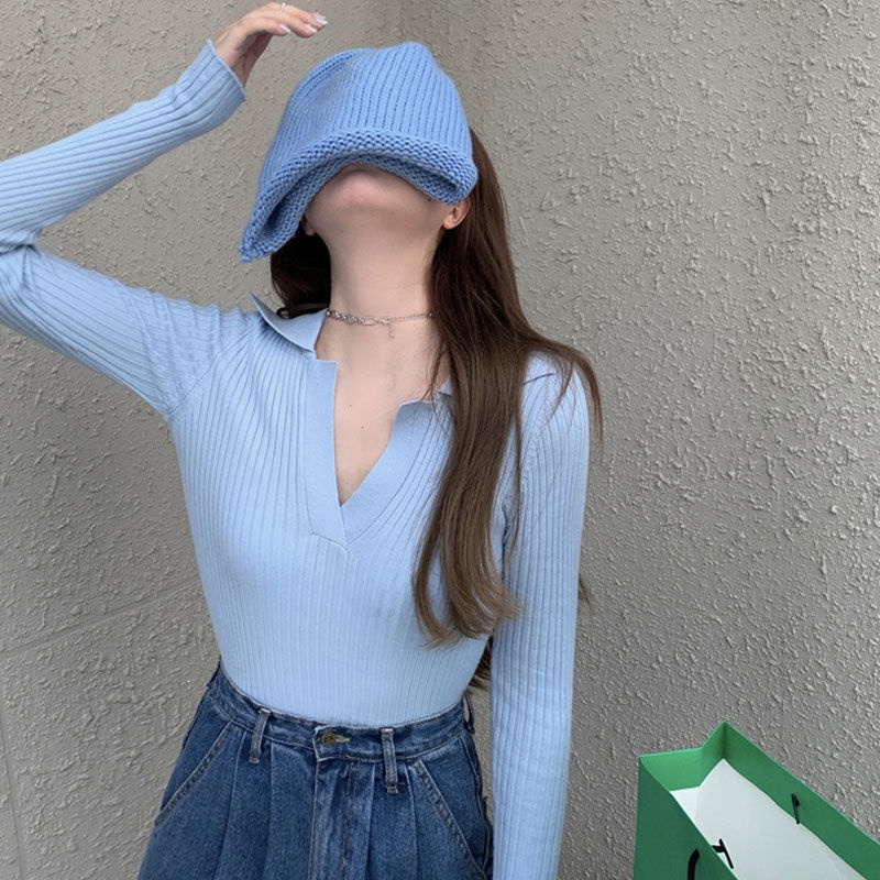 Suhao Lengan Panjang Slip Knitwear Wanita Musim Gugur Baru Slim Pendek Turtleneck Polo T-Shirt Atasan Dalam