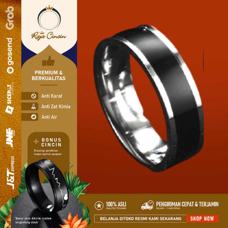 Cincin Titanium Wanita Pria Anti Karat Hitam Lis Putih