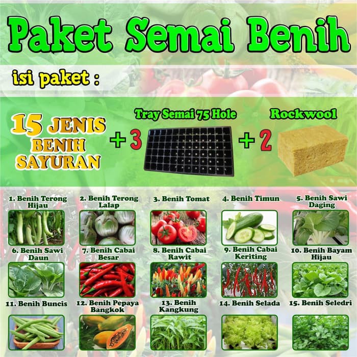 Jual Paket Benih Tanaman Sayuran 15 Jenis -3 Tray Semai -2 Rockwool ...