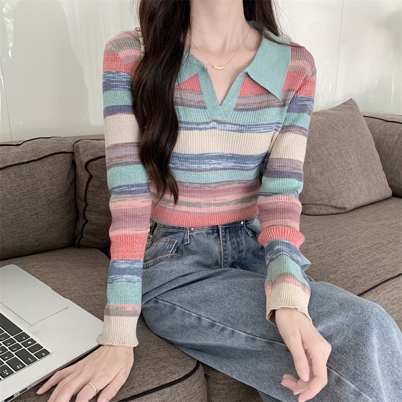 Knitwear Korean Style Stripe V-neck Knit Top Wanita Lengan Panjang