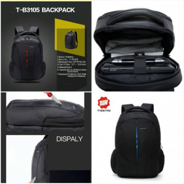 TIGERNU Tas Ransel Backpack Waterproof - Black Blue OMBG0SBJ