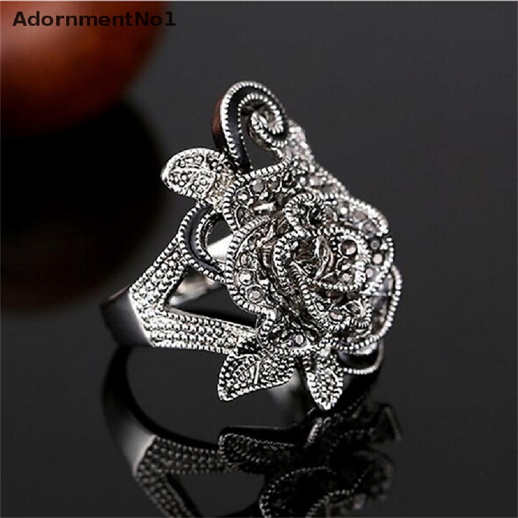 (AdornmentNo1) Cincin Gaya Retro Vintage Motif Bunga Mawar Aksen Kristal Hitam Untuk Perhiasan Wanita / Hadiah